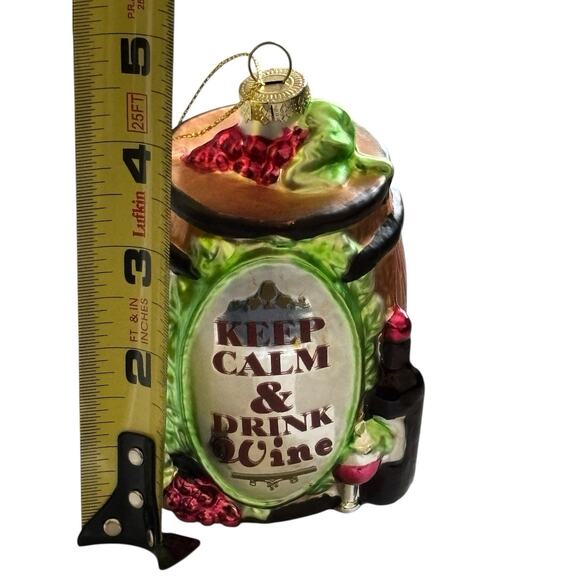 Blown Glass Wine Barrel “Keep Calm And Drink Wine”Christmas Ornament 4” - Picture 5 of 7